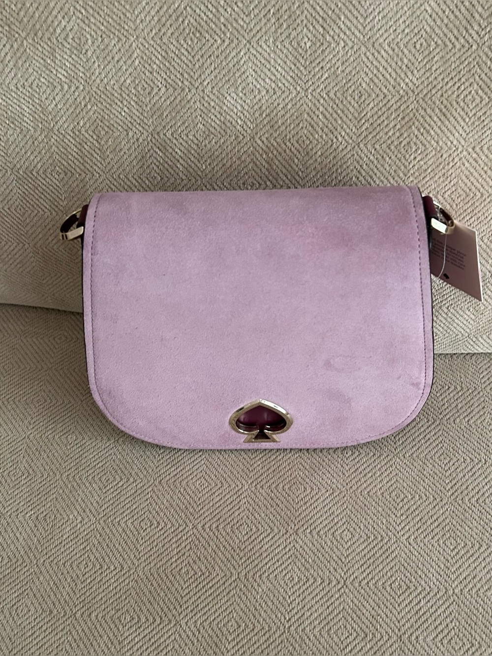 Kate Spade orchid Suzy scallop large suede and leather saddle bag # PXRUA656